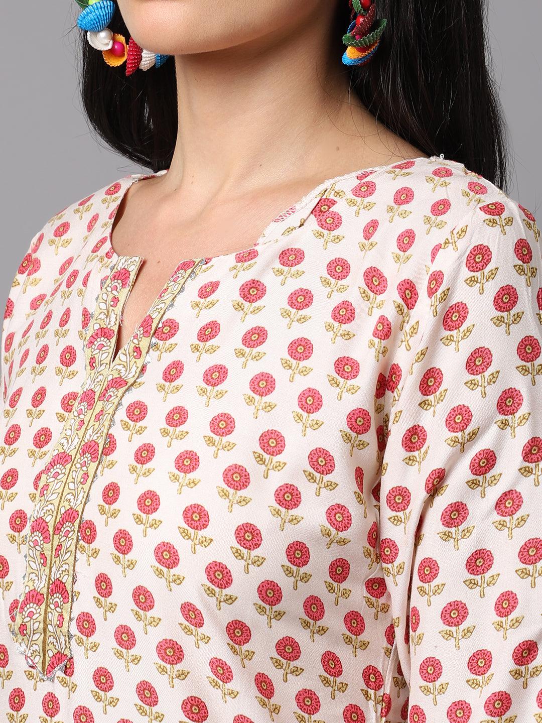 Women's Cream Color Printed Kurta and Pant Set with Dupatta - AILISH - Indiakreations