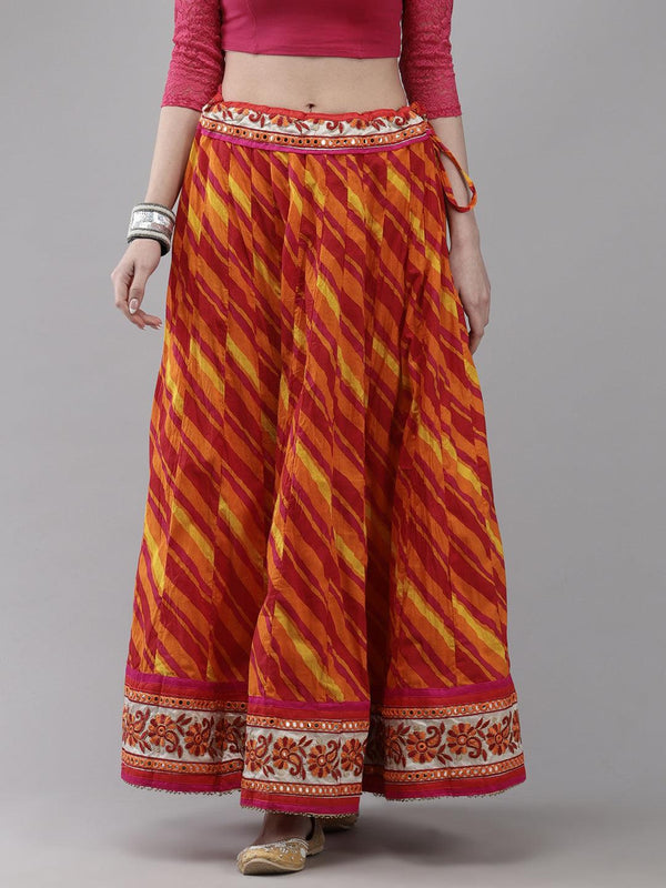 Women's Cotton Orange Embroidered Tie & Dye Flared Maxi Skirt - Ishin - Indiakreations