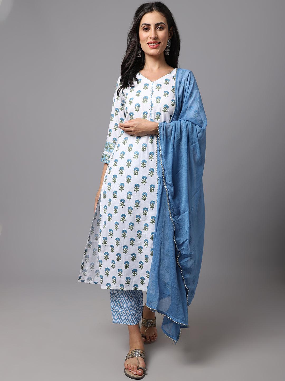 Women's White Color Printed Kurta and Pant Set with Dupatta - AILISH - Indiakreations