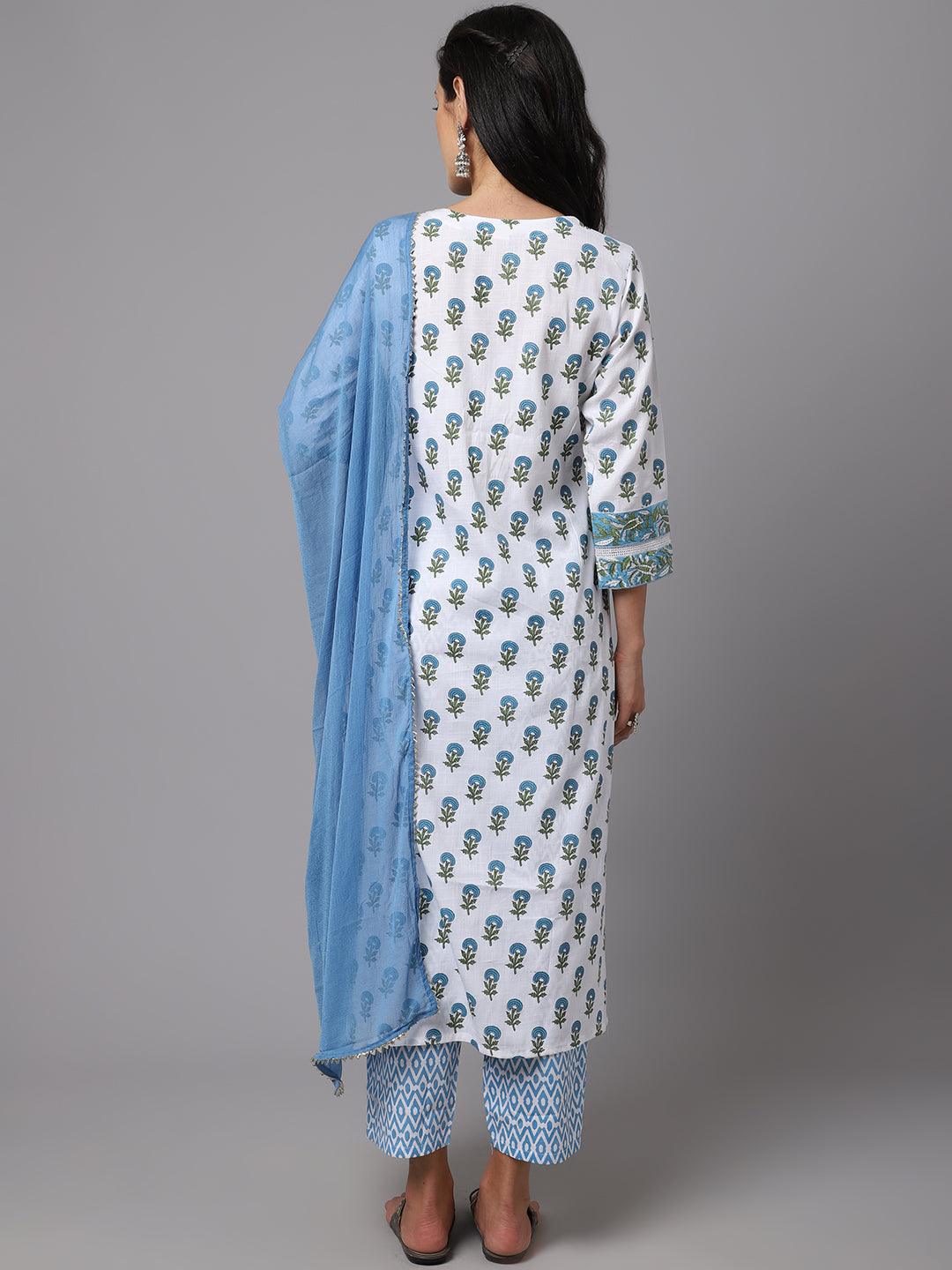 Women's White Color Printed Kurta and Pant Set with Dupatta - AILISH - Indiakreations