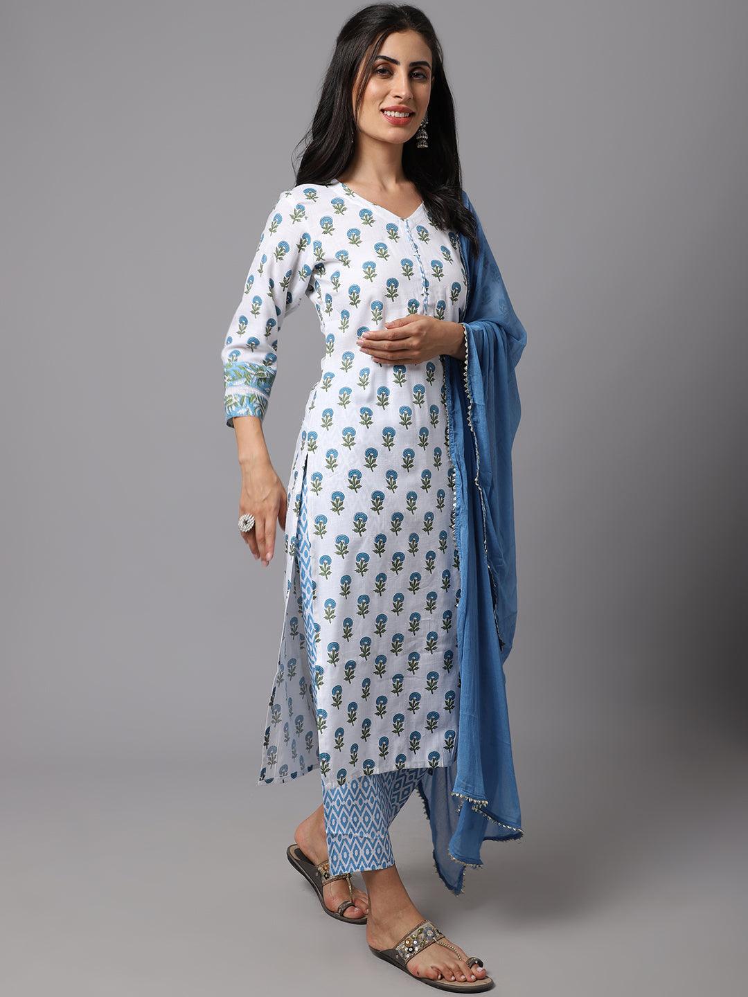 Women's White Color Printed Kurta and Pant Set with Dupatta - AILISH - Indiakreations