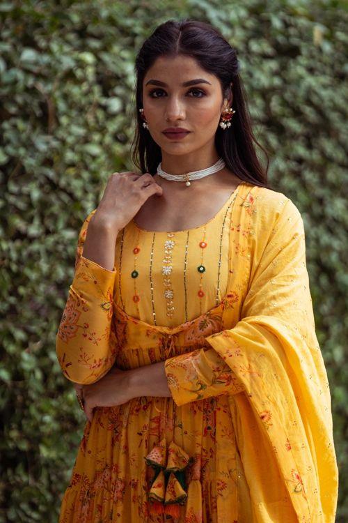 Gulmohar Yellow tier Anarkali Set - Indiakreations