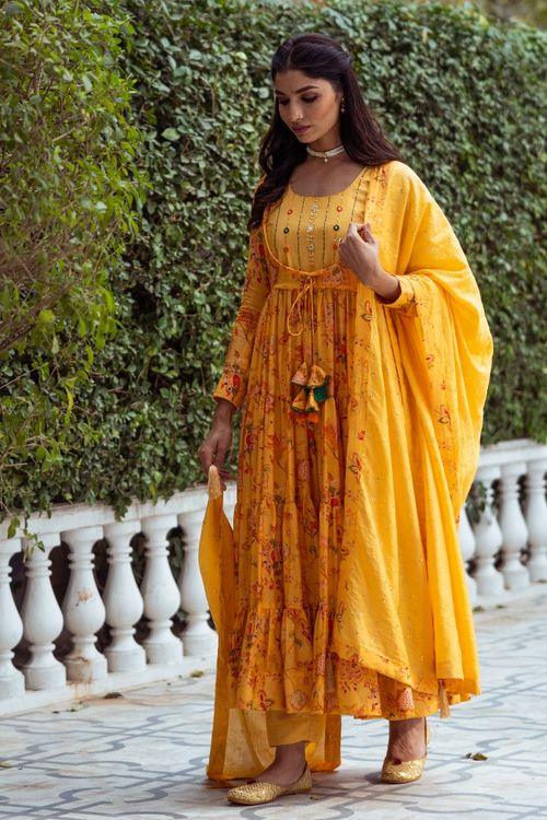 Gulmohar Yellow tier Anarkali Set - Indiakreations