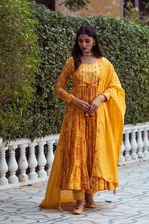 Gulmohar Yellow tier Anarkali Set - Indiakreations