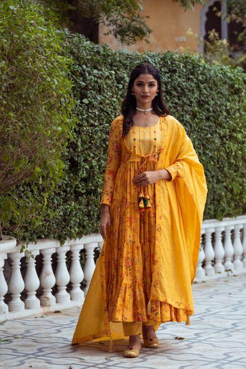 Gulmohar Yellow tier Anarkali Set - Indiakreations