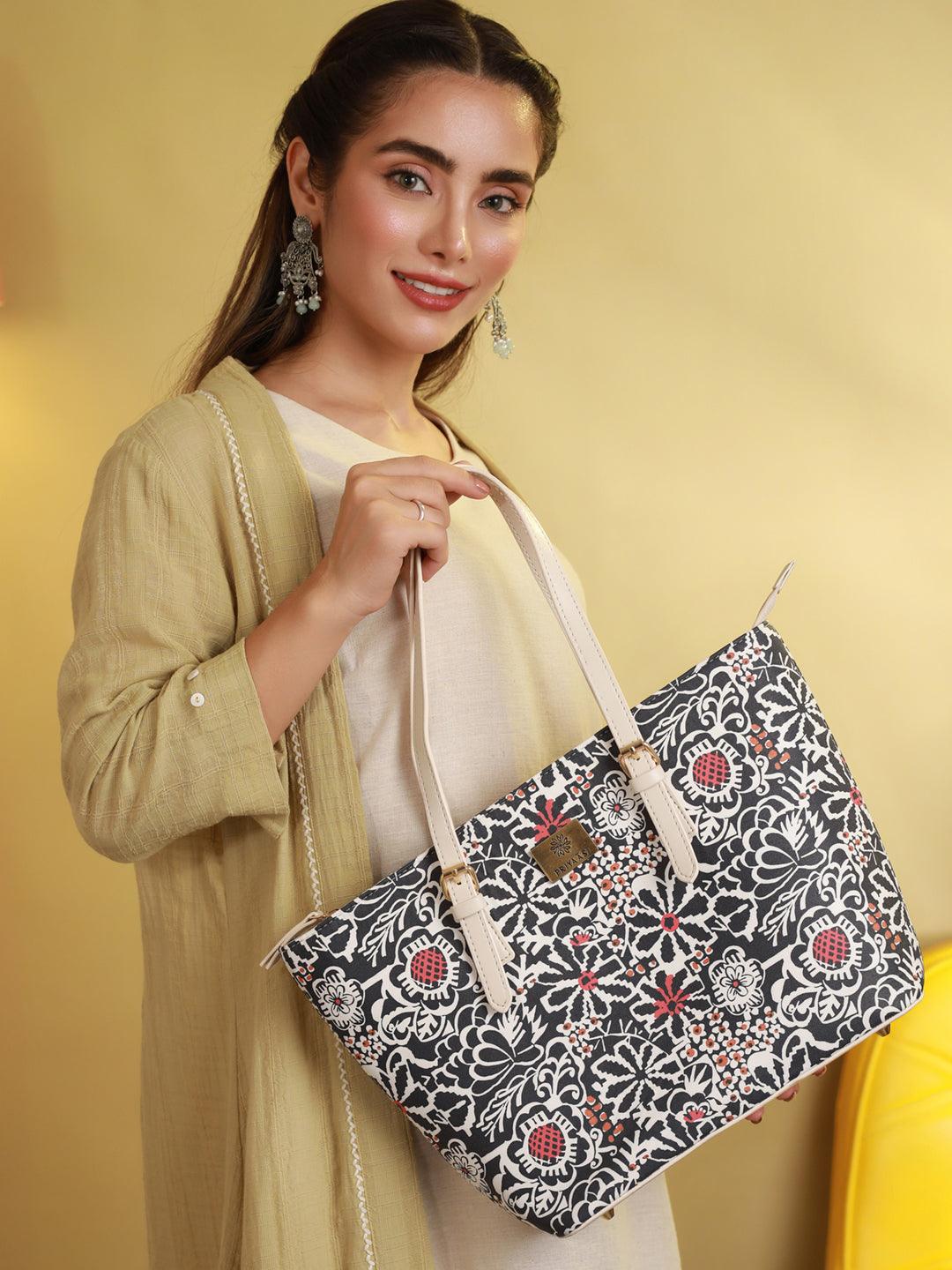 Women's Black Floral Motif Tote Bag - Priyaasi - Indiakreations