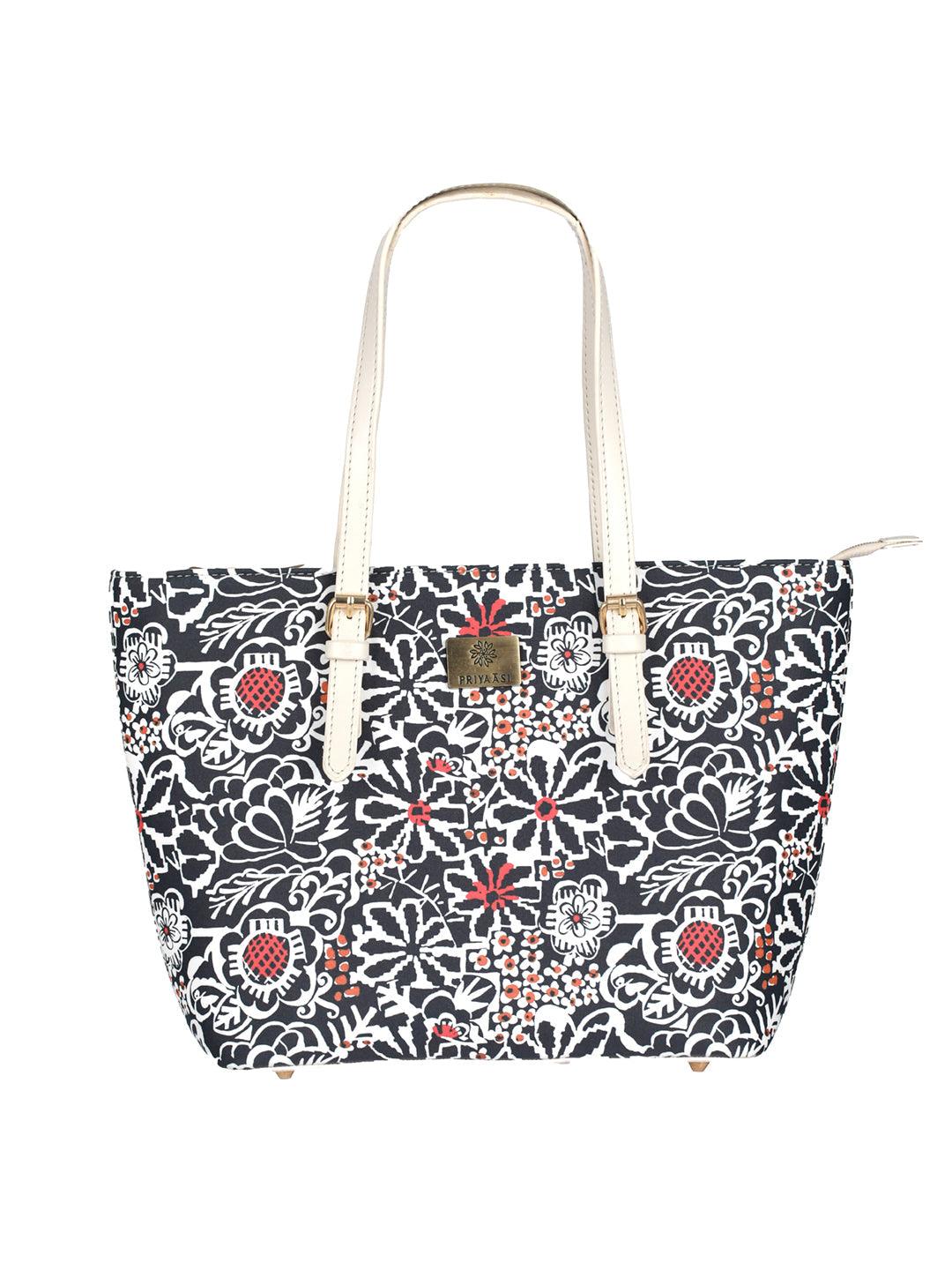 Women's Black Floral Motif Tote Bag - Priyaasi - Indiakreations