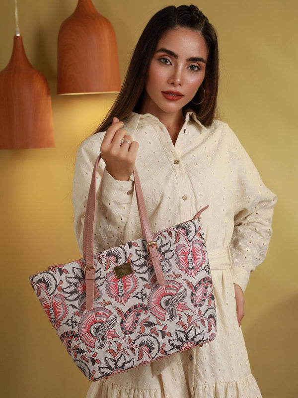 Women's Pink Floral Motif Tote Bag - Priyaasi - Indiakreations