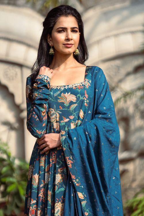 Gulmohar Teal Printed Anarkali Set - Indiakreations