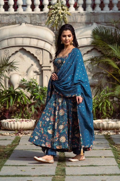 Gulmohar Teal Printed Anarkali Set - Indiakreations