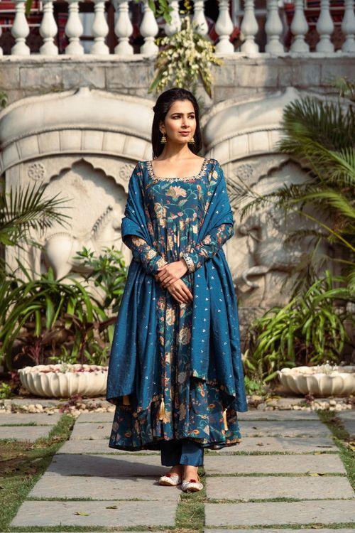 Gulmohar Teal Printed Anarkali Set - Indiakreations