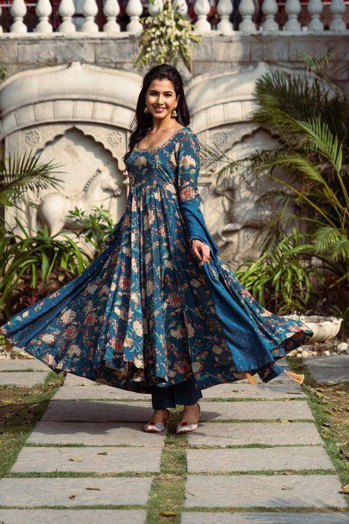 Gulmohar Teal Printed Anarkali Set - Indiakreations