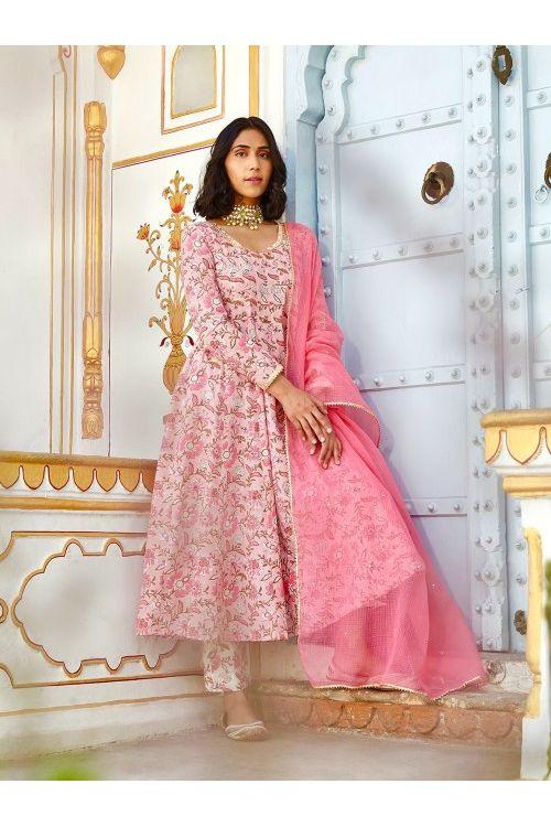 Pink White Floral Anarkali Set - Indiakreations