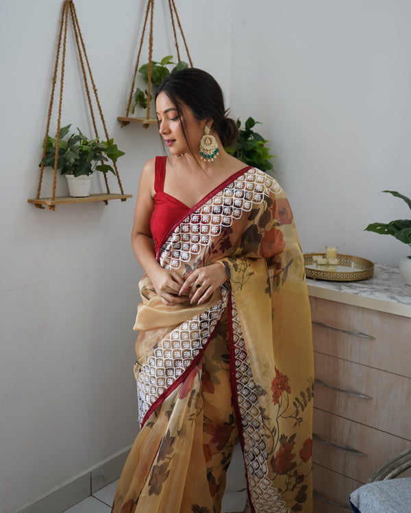 Women's Mustard Embroidery Saree - VAMSEE