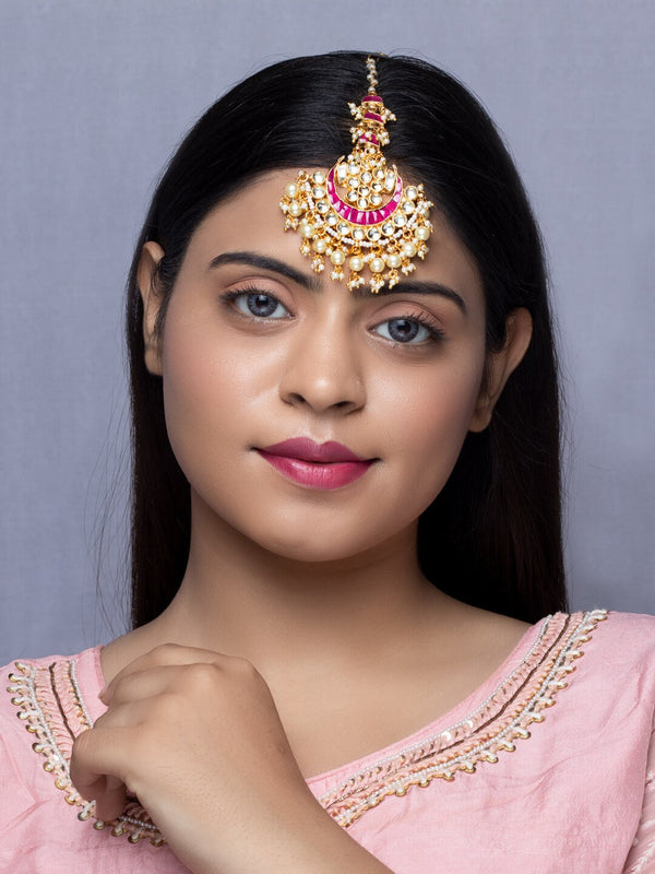 Women's Gold-Plated Pink & White Kundan-Studded Beaded Maang Tikka - Morkanth