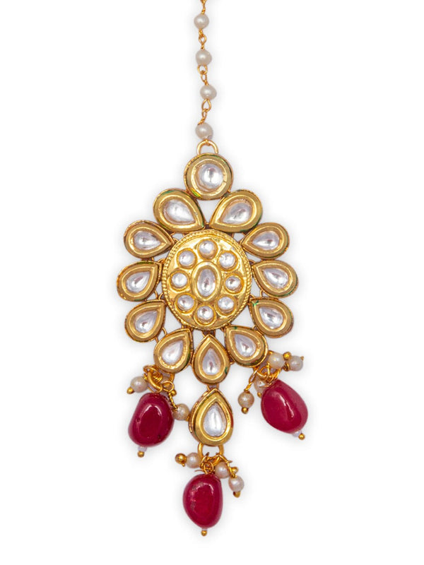 Women's Gold-Plated White & Red Kundan Embellished Maang Tikka - Morkanth