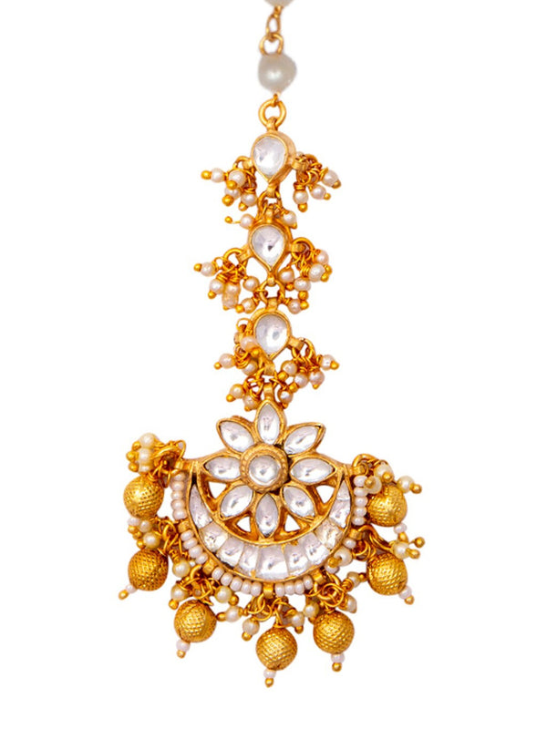 Women's Gold Plated Pachi Kundan Stone Studded Maang Tikka - Morkanth