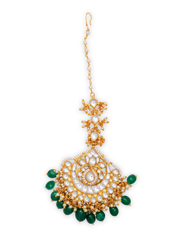 Women's Gold-Plated White & Green Kundan-Studded Pearl Beaded Handcrafted Maang Tikka - Morkanth