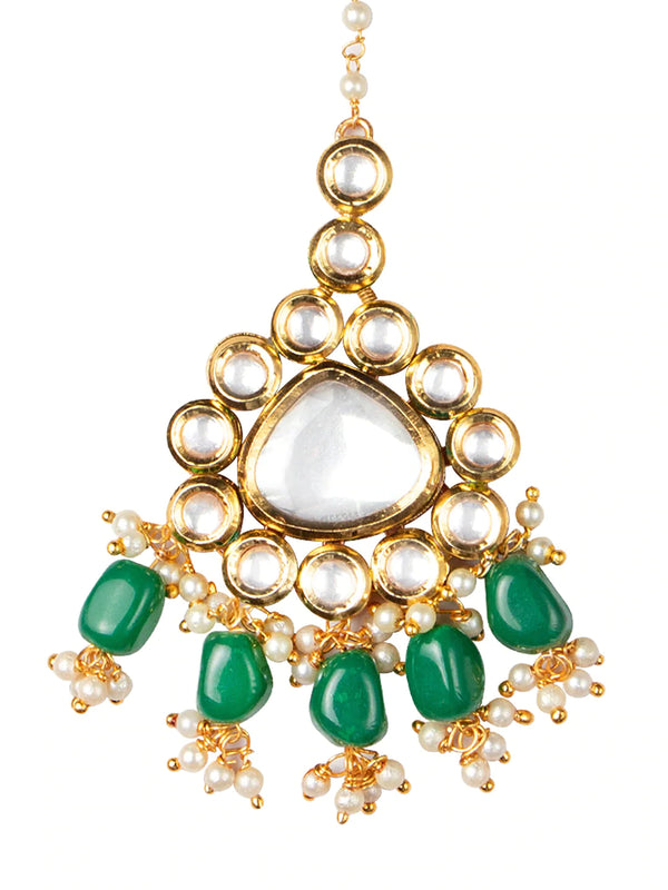 Women's 24K Gold-Plated & Green Kundan Stone Studded & Beaded Handcrafted Maang Tikka - Morkanth