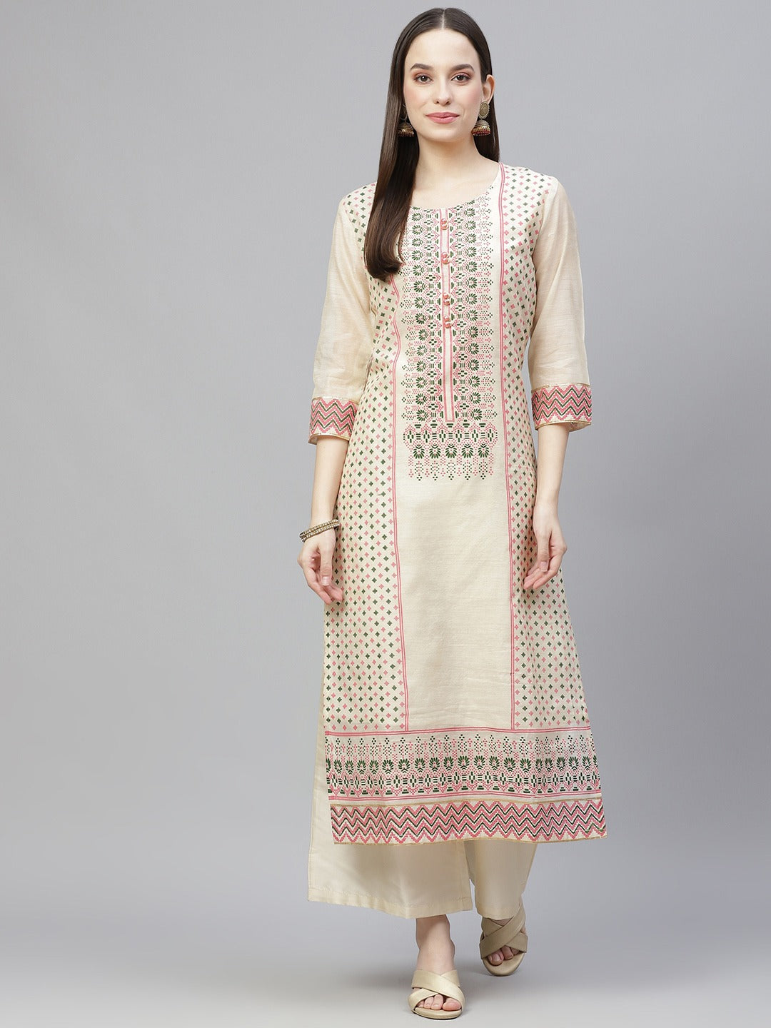 Women's Cream-Coloured Ethnic Motifs Printed Kurta With Palazzos - Noz2Toz