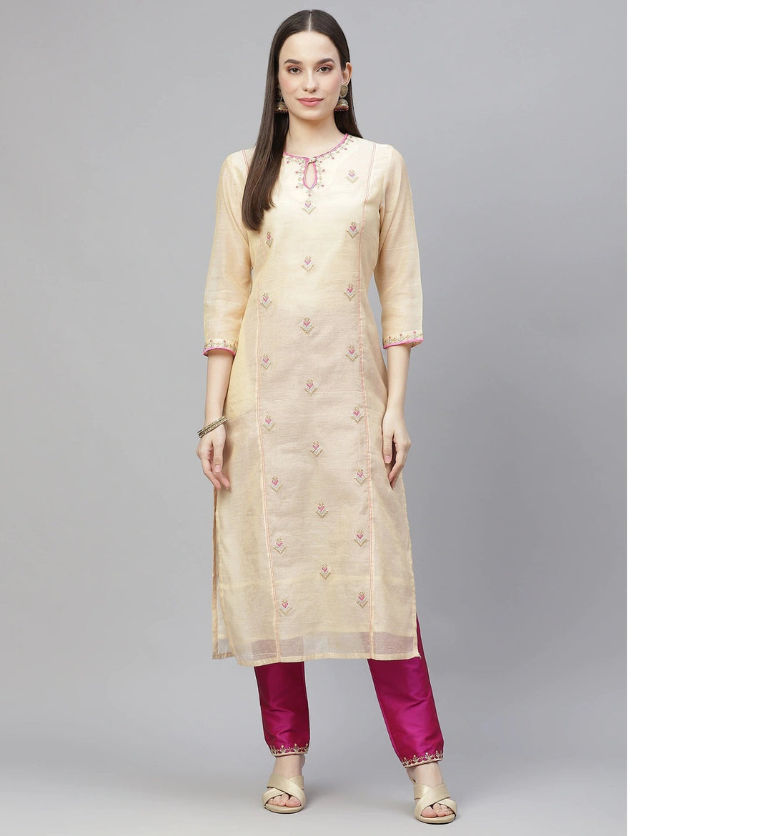 Women's Cream-Coloured & Pink Embroidered Kurta With Trousers - Noz2Toz