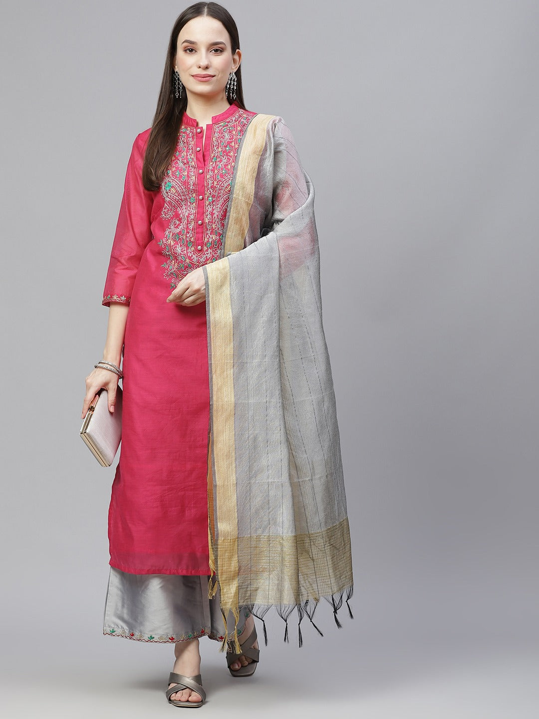 Women's Pink & Grey Ethnic Yoke Design Aari Work Kurta With Palazzos & With Dupatta - Noz2Toz