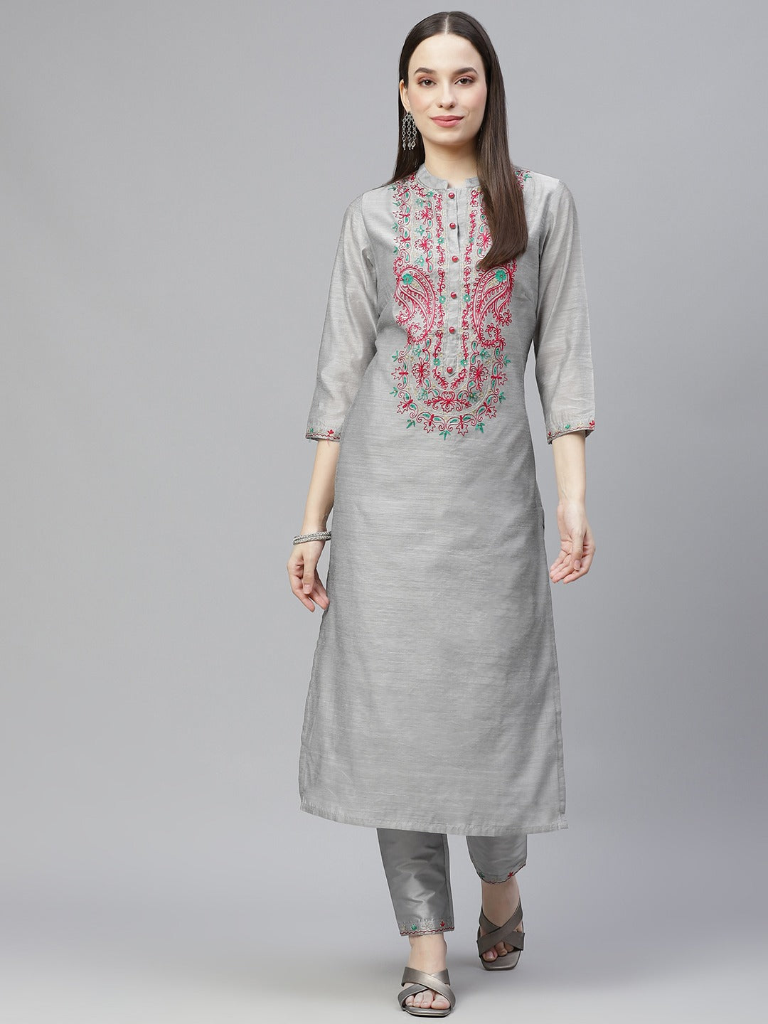 Women's Grey & Pink Ethnic Yoke Design Regular Aari Work Kurta With Trousers - Noz2Toz