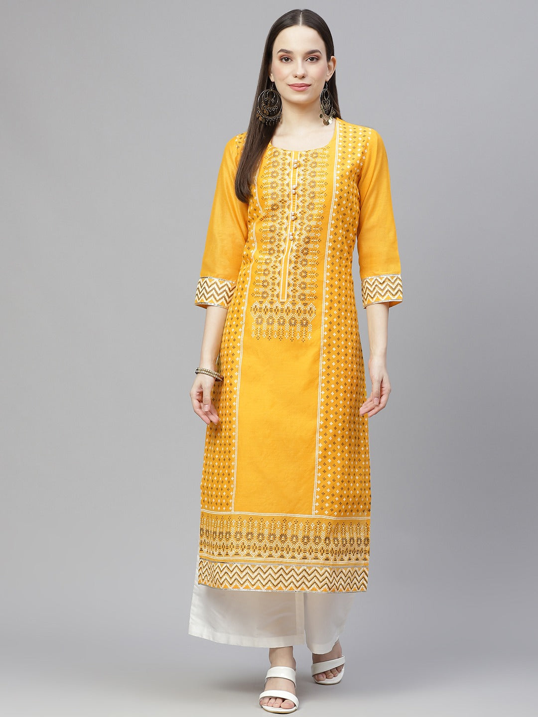 Women's Yellow & White Ethnic Motifs Printed Kurta With Palazzos - Noz2Toz