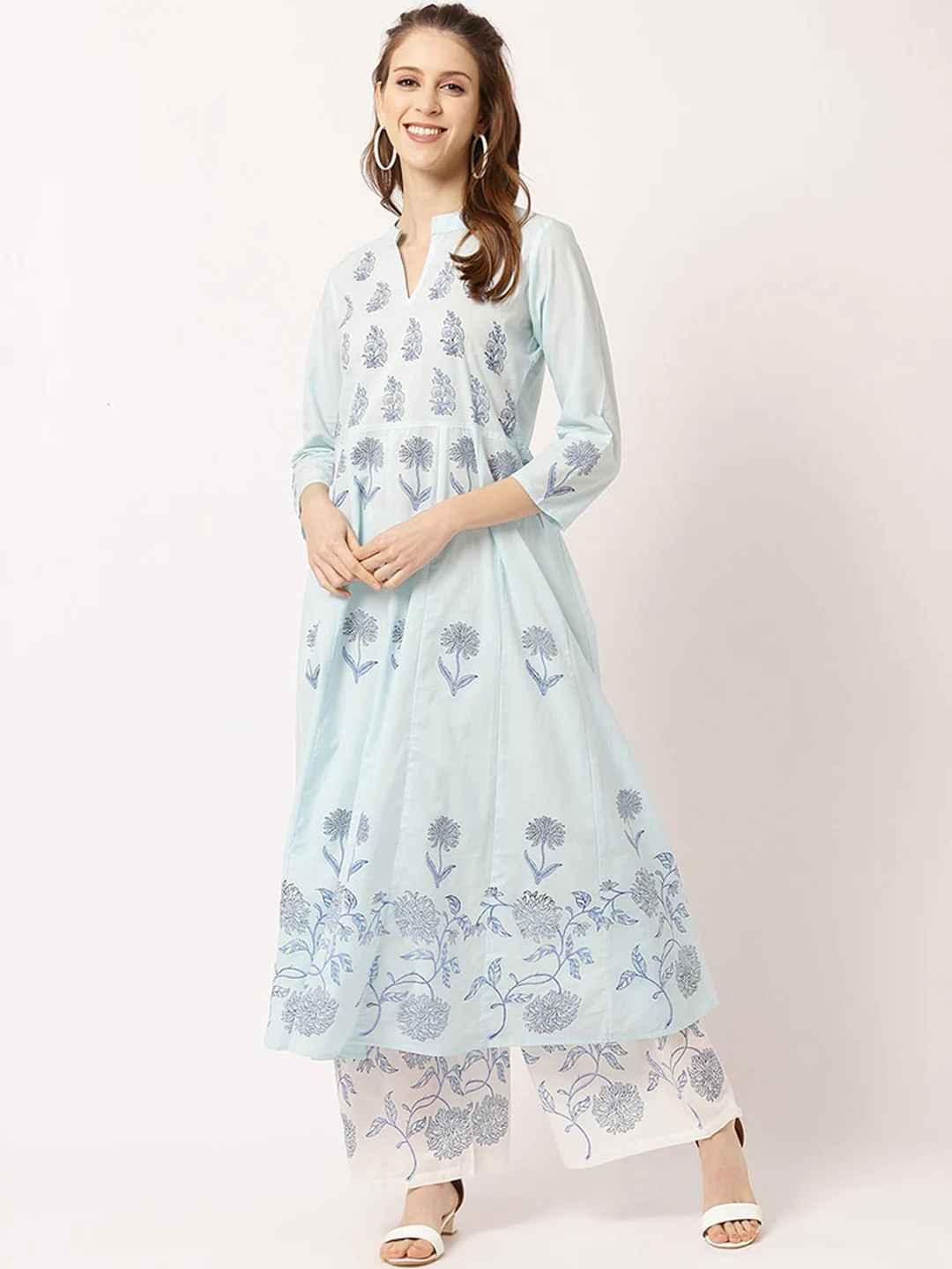 Women's Blue Floral Printed Pure Cotton Kurta With Palazzos - THE NKS PLUS - Indiakreations