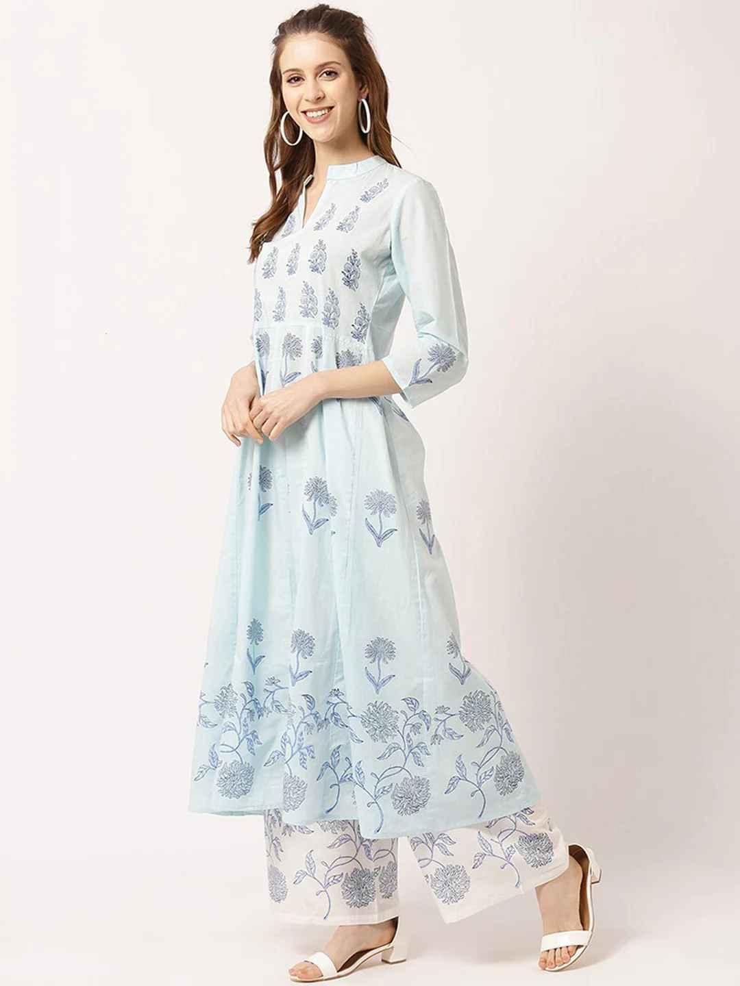 Women's Blue Floral Printed Pure Cotton Kurta With Palazzos - THE NKS PLUS - Indiakreations