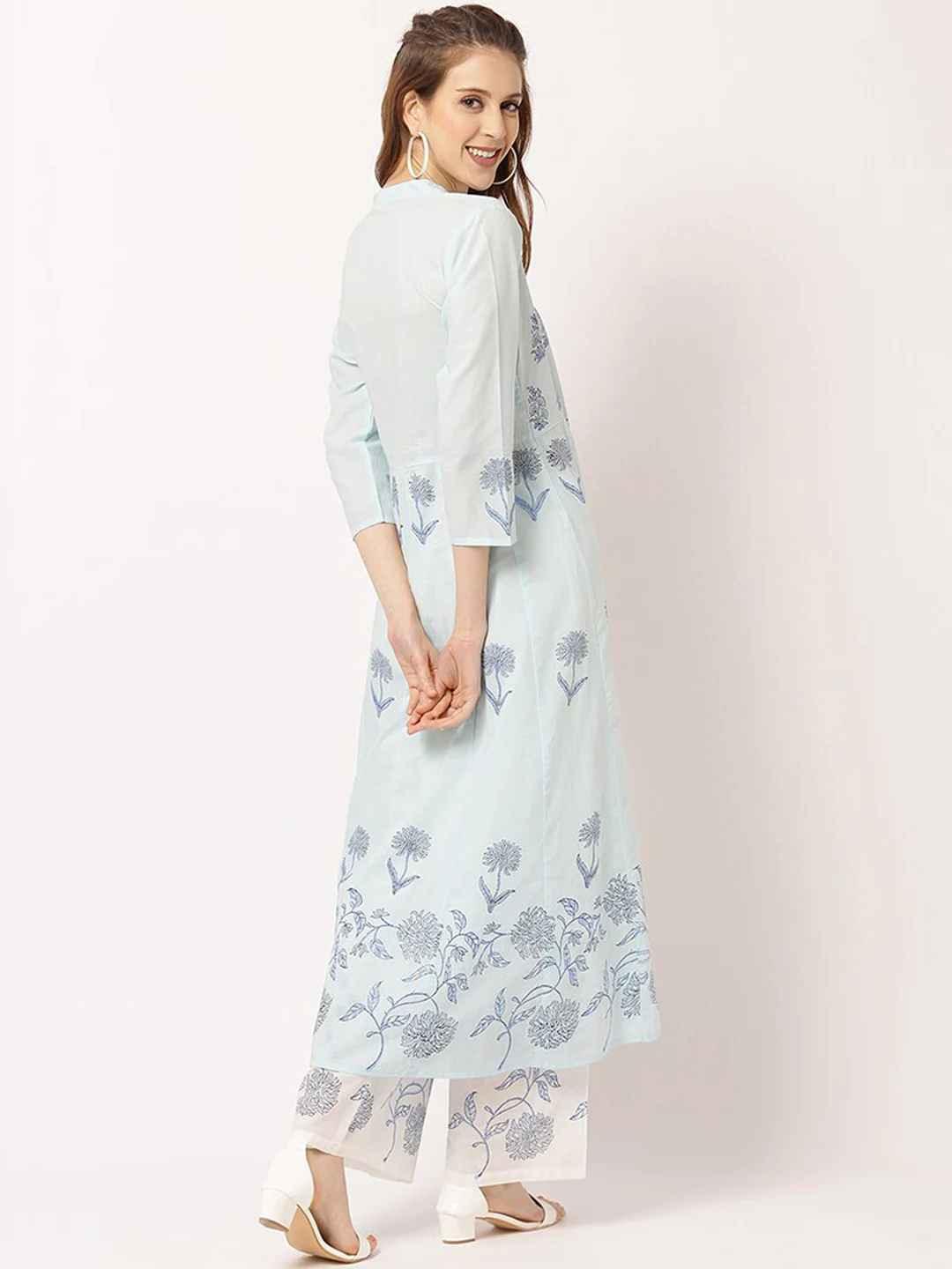 Women's Blue Floral Printed Pure Cotton Kurta With Palazzos - THE NKS PLUS - Indiakreations