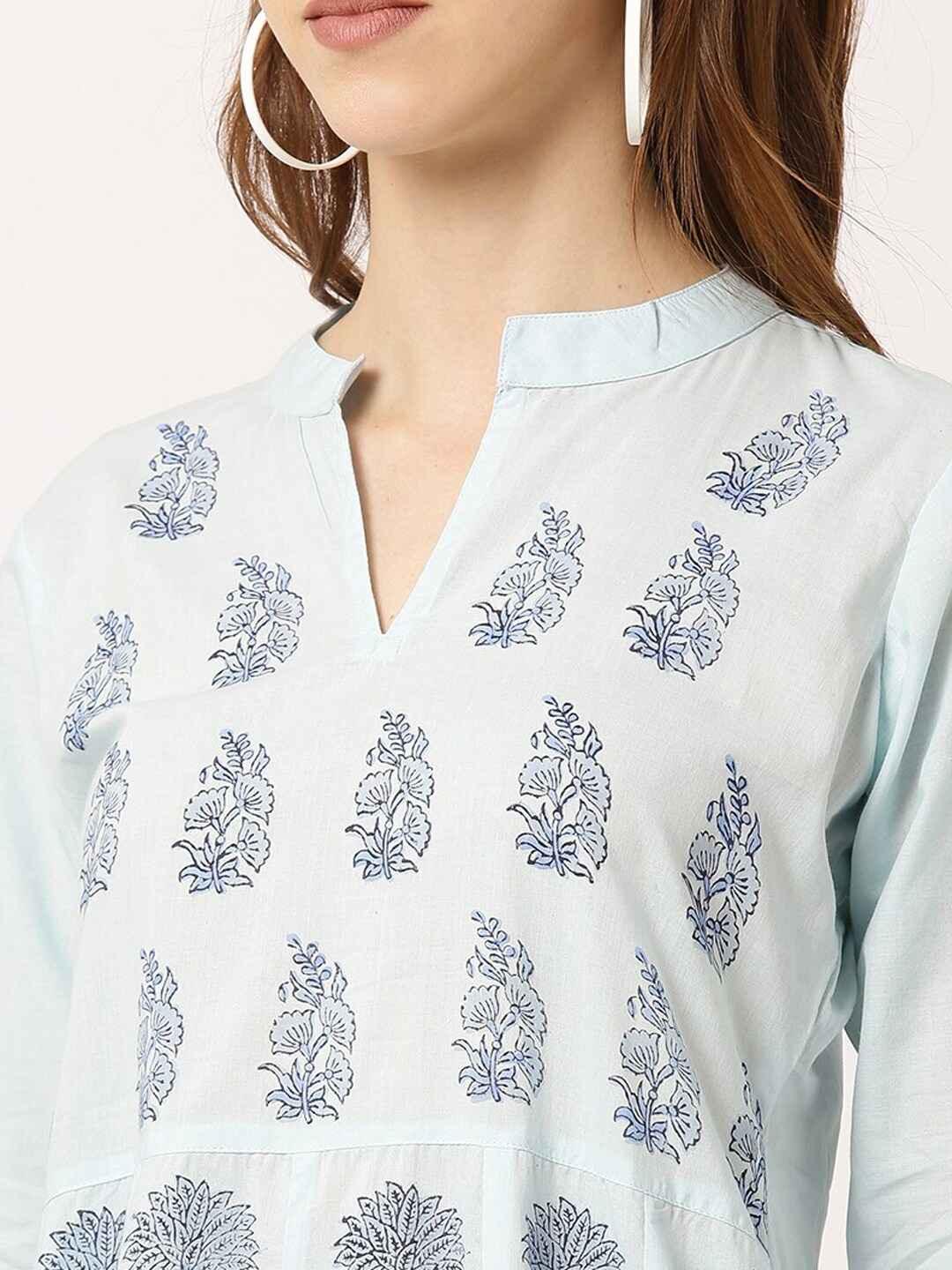 Women's Blue Floral Printed Pure Cotton Kurta With Palazzos - THE NKS PLUS - Indiakreations