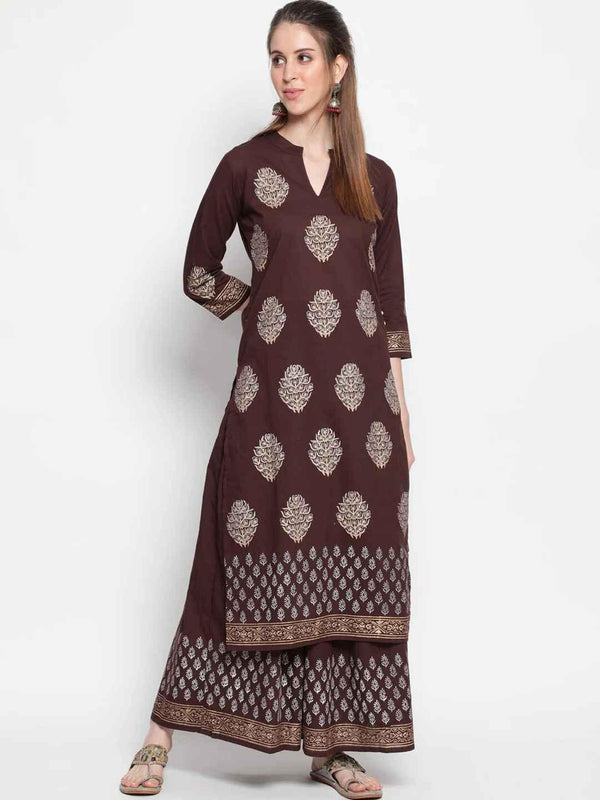 Women's Coffee Brown Ethnic Motifs Printed Pure Cotton Kurta With Skirt - THE NKS PLUS - Indiakreations