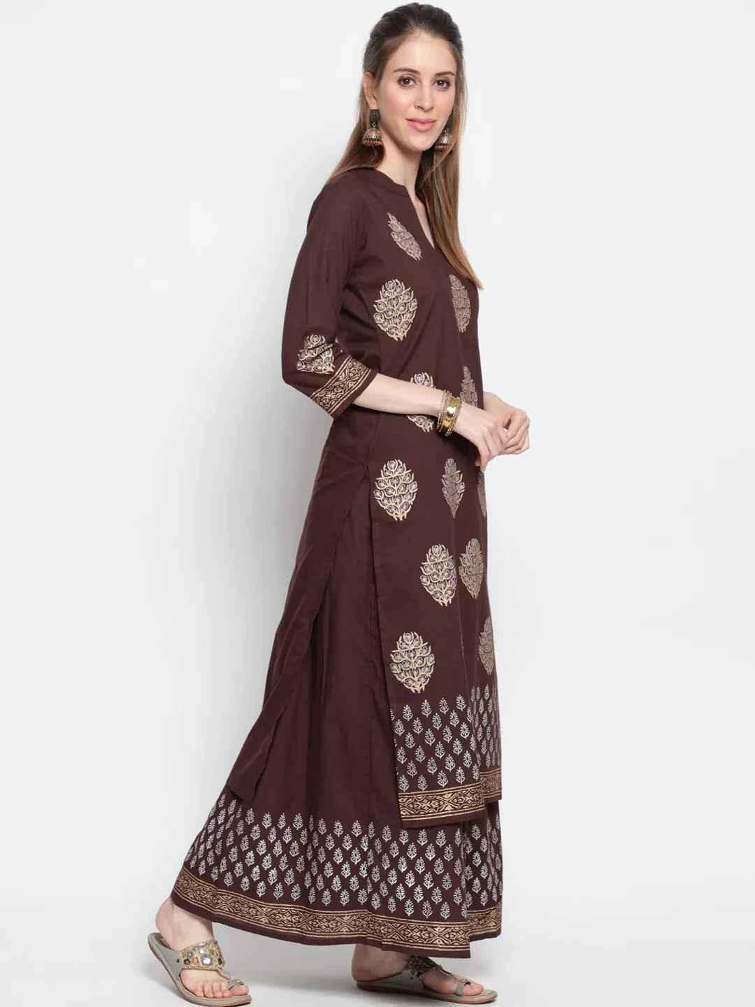 Women's Coffee Brown Ethnic Motifs Printed Pure Cotton Kurta With Skirt - THE NKS PLUS - Indiakreations