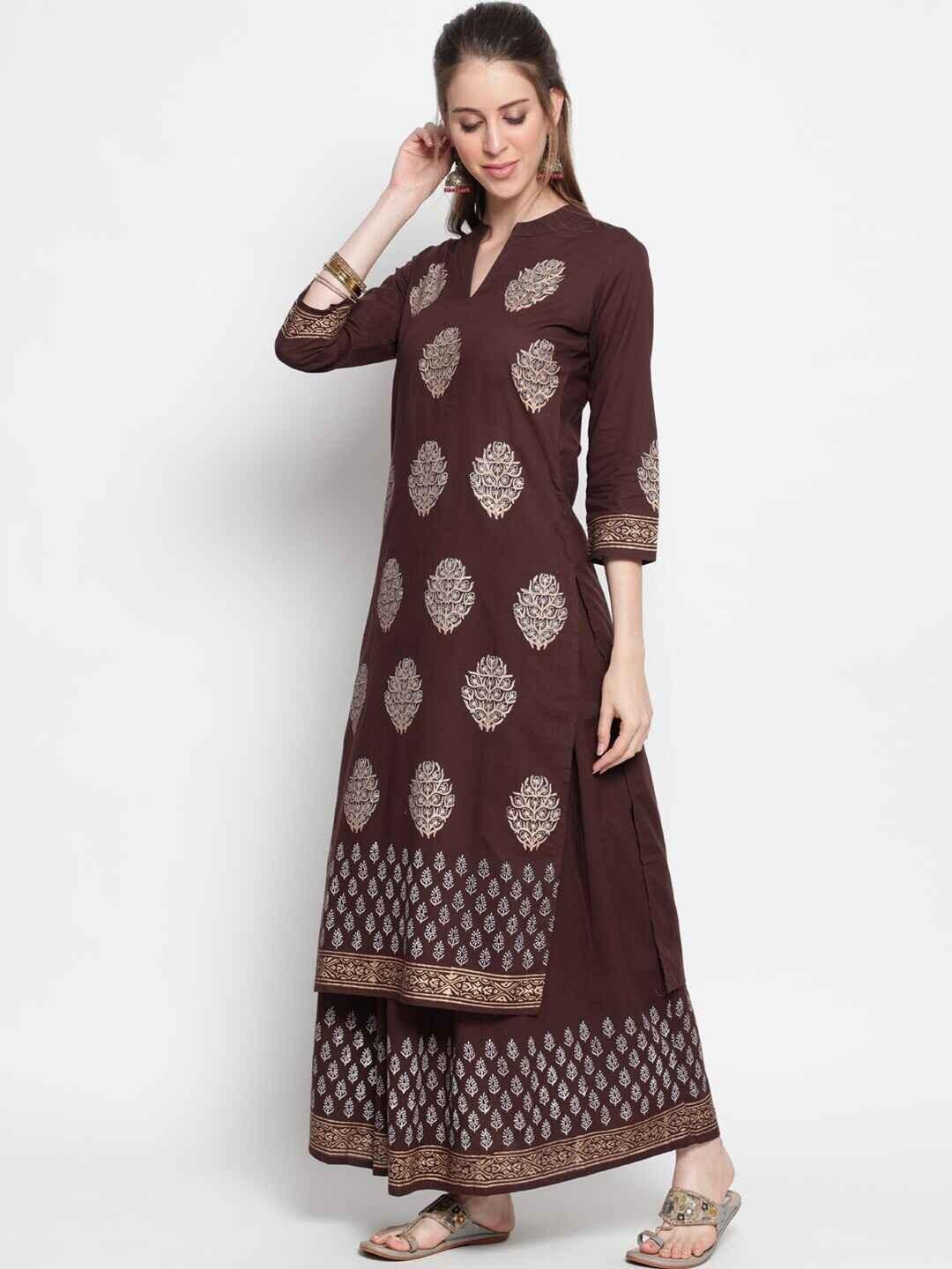 Women's Coffee Brown Ethnic Motifs Printed Pure Cotton Kurta With Skirt - THE NKS PLUS - Indiakreations