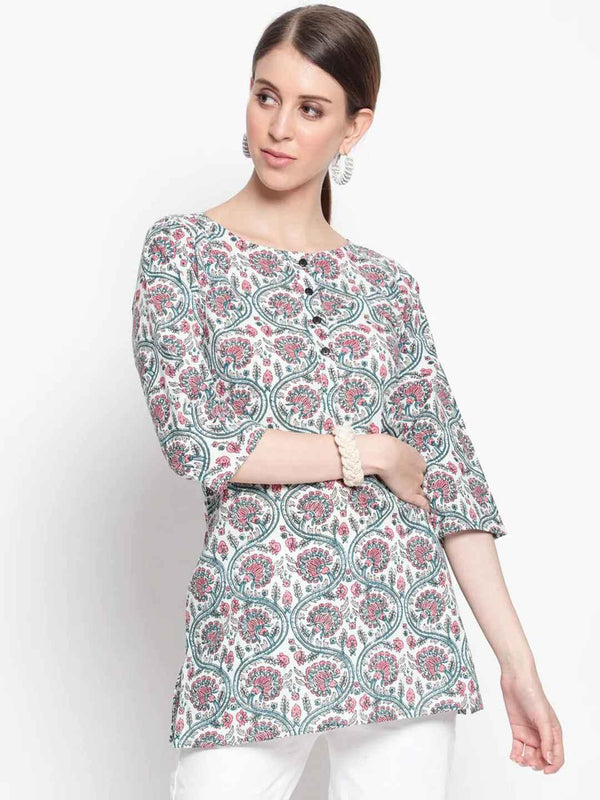 Women's Grey Floral Printed Cotton Longline Top - THE NKS PLUS - Indiakreations