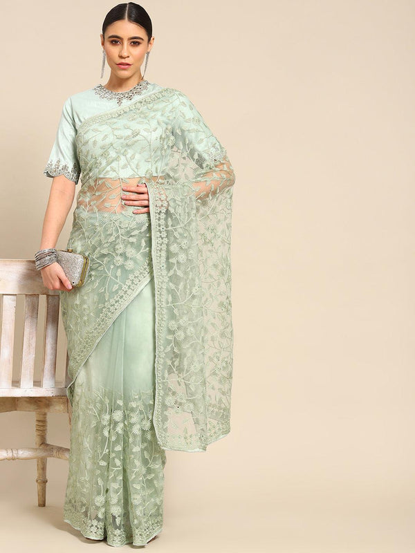 Latest Designer Floral Embroidered Net Saree In Green - Indiakreations