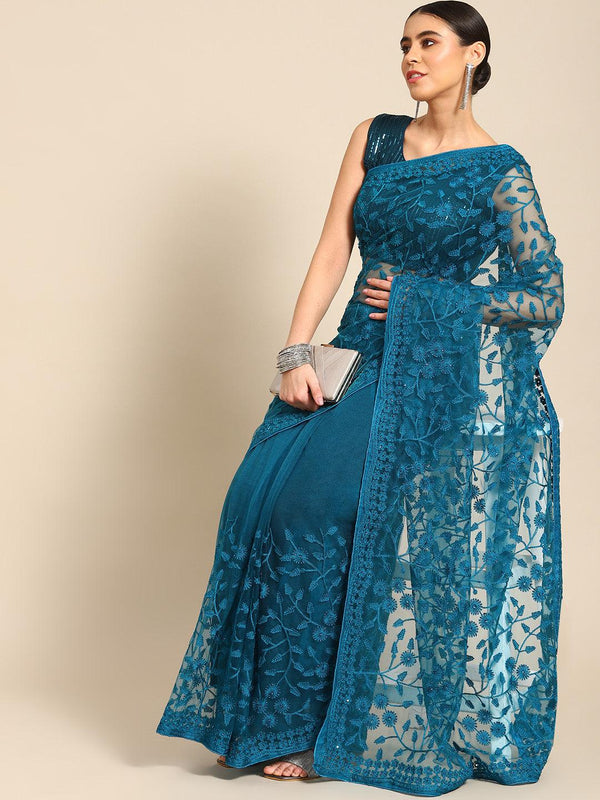 Trendy Designer Woven Design Embroidered Net Saree In Blue - Indiakreations
