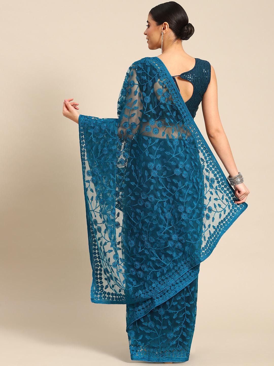 Trendy Designer Woven Design Embroidered Net Saree In Blue - Indiakreations
