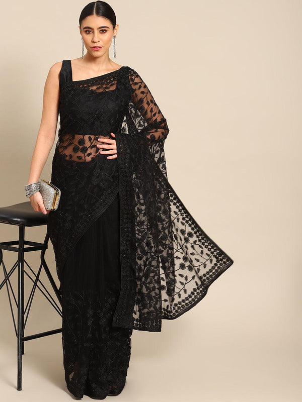 Stylish And Trendy Embroidered Designer Net Saree In Black - Indiakreations