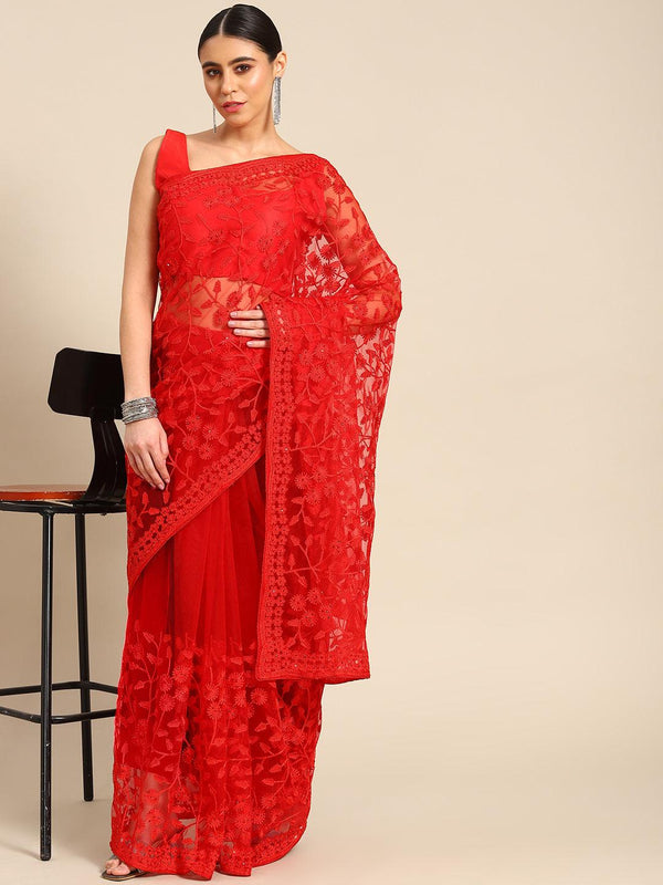 Ravishing Red Designer Embroidered Net Saree - Indiakreations