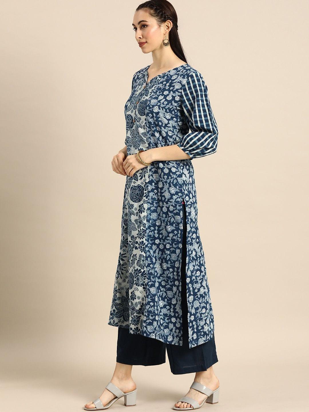 Blue & White Floral Printed Kurta - Indiakreations