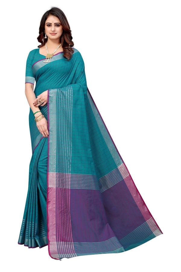 Women's Blue Cotton Silk Saree - Vamika - Indiakreations
