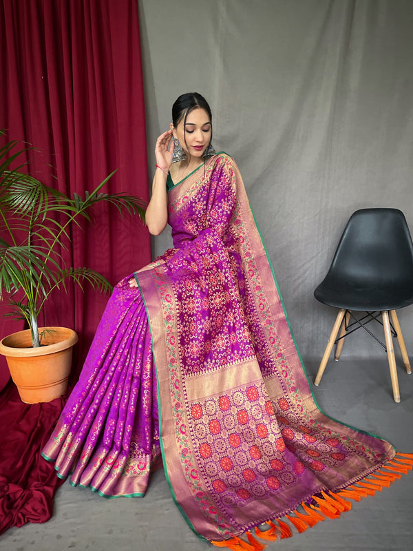 Women's Royal Magenta Color Bandhej Patola Silk Woven Saree Royal Magenta - TASARIKA