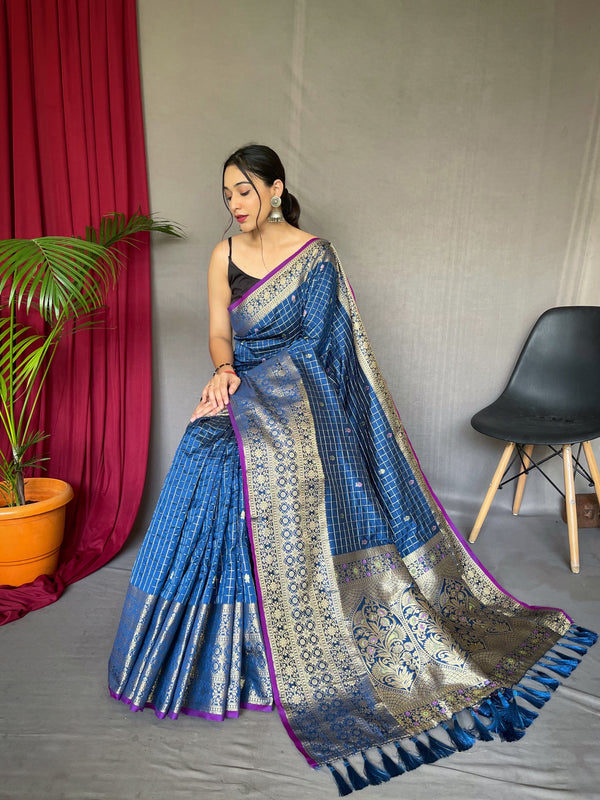 Women's Dusk Blue Color Kalindi Soft Silk Checks Woven Saree Dusk Blue - TASARIKA