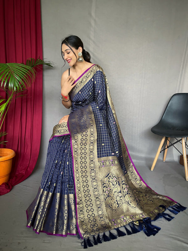 Women's Dark Blue Color Kalindi Soft Silk Checks Woven Saree Dark Blue - TASARIKA