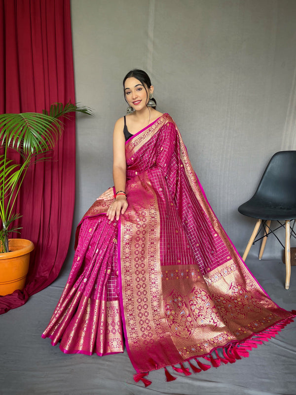 Women's Pink Color Kalindi Soft Silk Checks Woven Saree Hibiscus Pink - TASARIKA