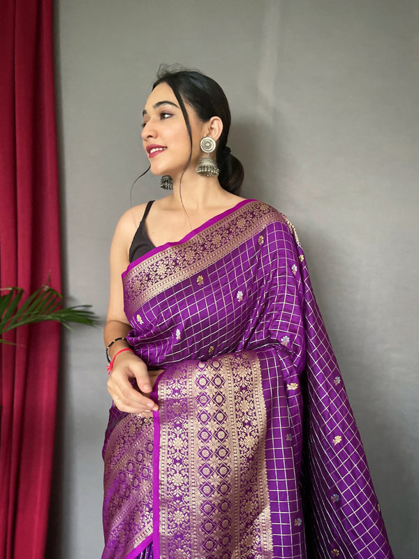 Women's Purple Jam Color Kalindi Soft Silk Checks Woven Saree Purple Jam - TASARIKA