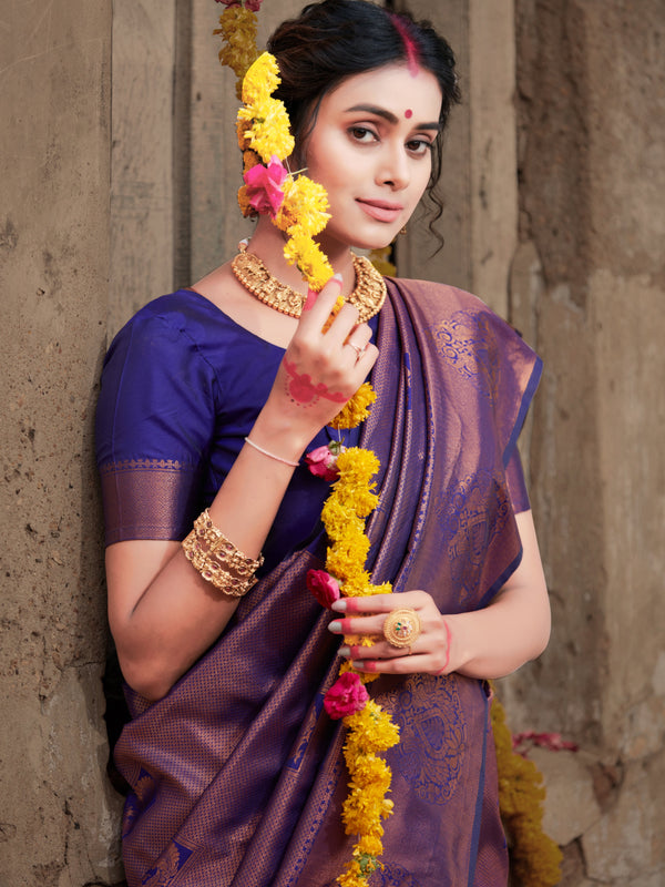 Women's Pure Kanjeevaram Silk Woven Saree Violet Blue - Tasarika