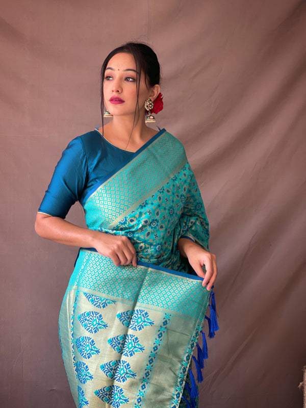 Women's Cyan Blue Color Rajkoti Patola Silk Cyan Blue - TASARIKA